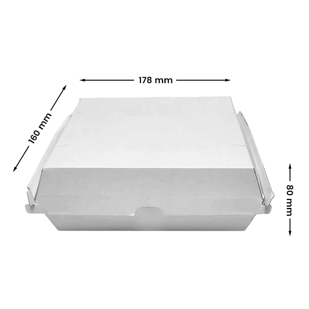 A white takeout dinner box displayed with visible measurements for size reference.