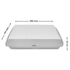 A white family pack box, featuring a minimalist style, emphasising its smooth surface and edges and showing dimensions.