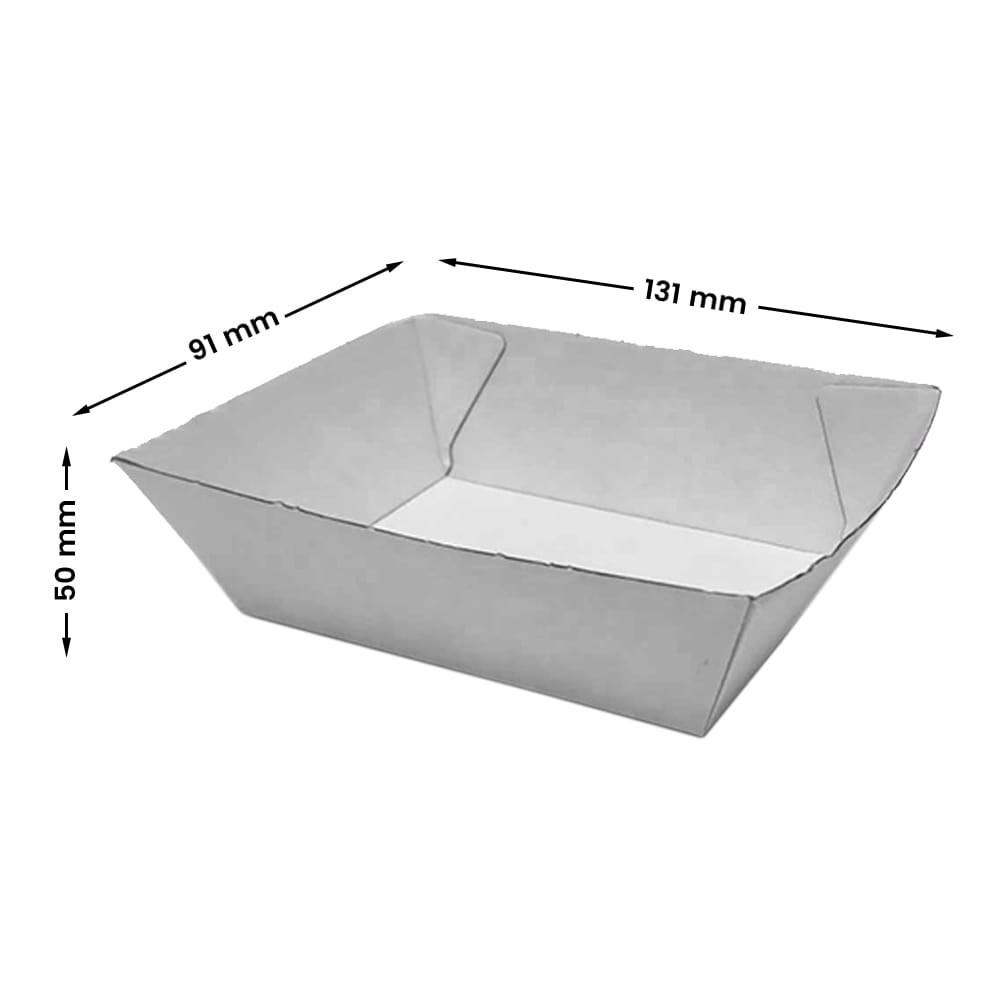 A white paper food tray no.1 displaying measurements for size, positioned on a flat surface.