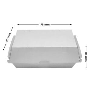A white regular size snack box displayed with visible measurements for size reference.